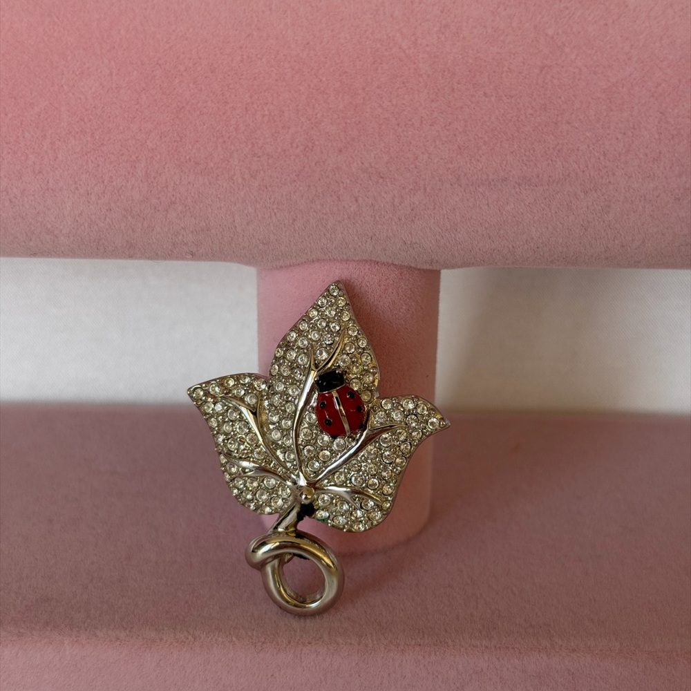 Vintage Swarovski Leaf & Ladybug Brooch Clear Crystals Red Enamel Ships From USA